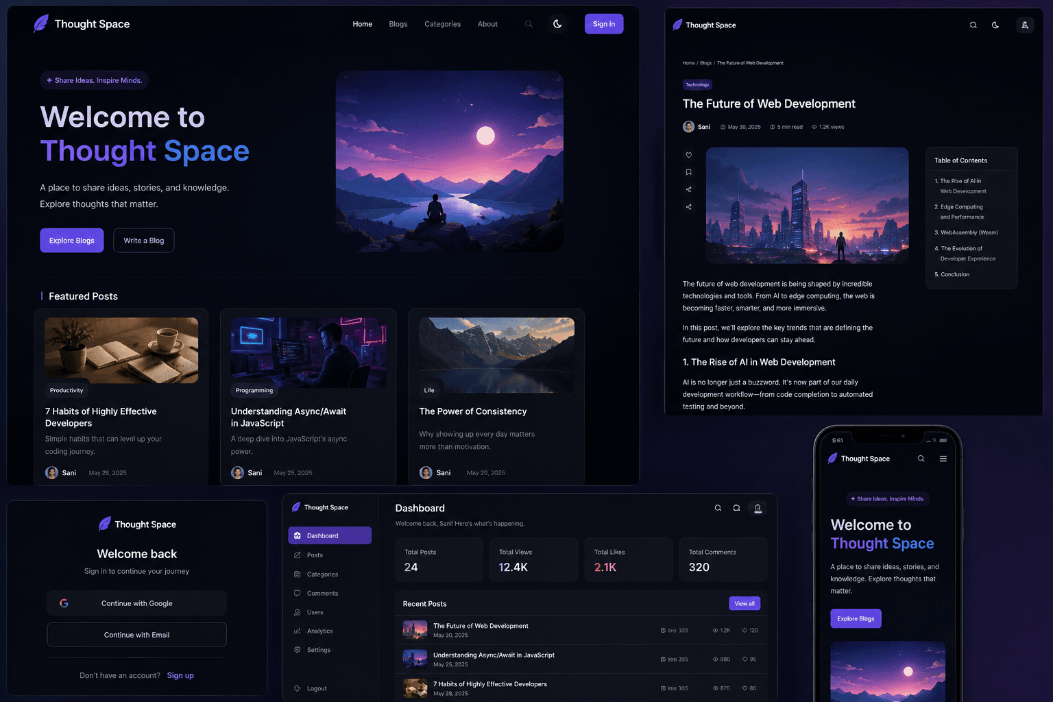 Thought Space (Blog Platform) application interface