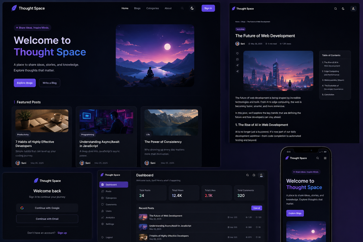 Thought Space (Blog Platform) application interface
